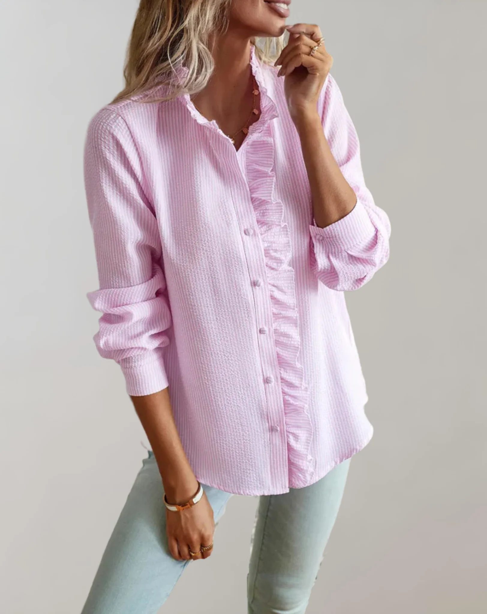 Abelia® | Loose-Fitting Top With Ruffles, Stand-Up Collar, Button Closure And Long Sleeves - Image 2