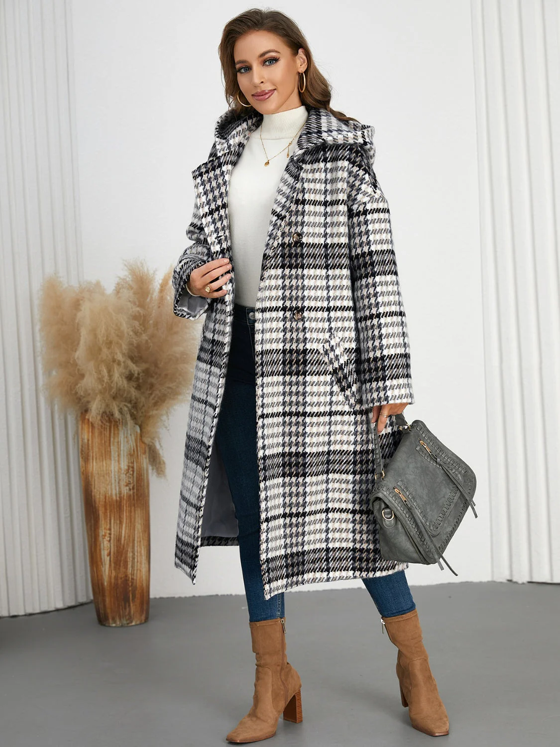 Abigail | Checked double breasted long sleeve coat - Image 2