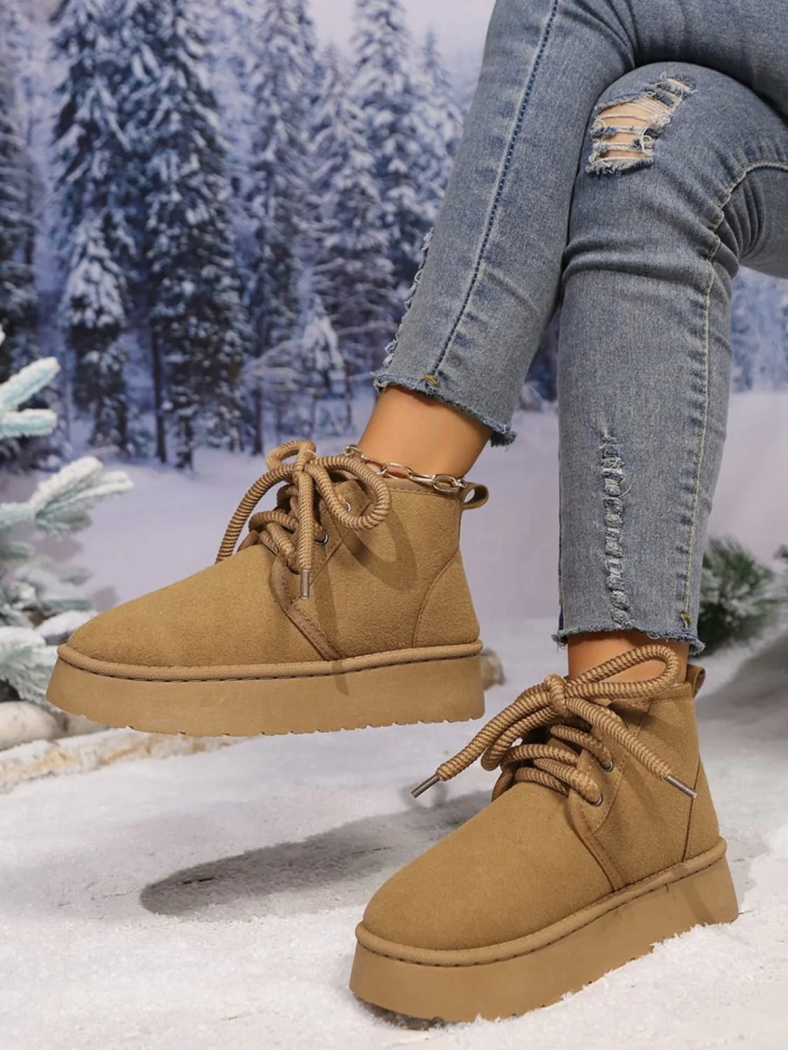Abigail | Suede lace-up boots with a round neckline and platform sole - Image 2