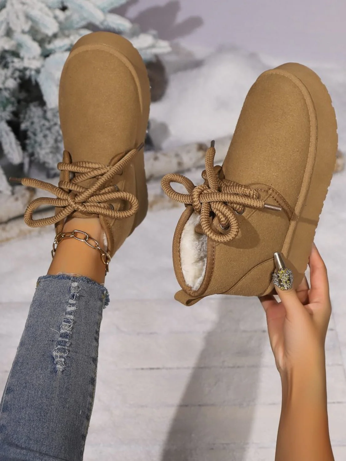 Abigail | Suede lace-up boots with a round neckline and platform sole - Image 4