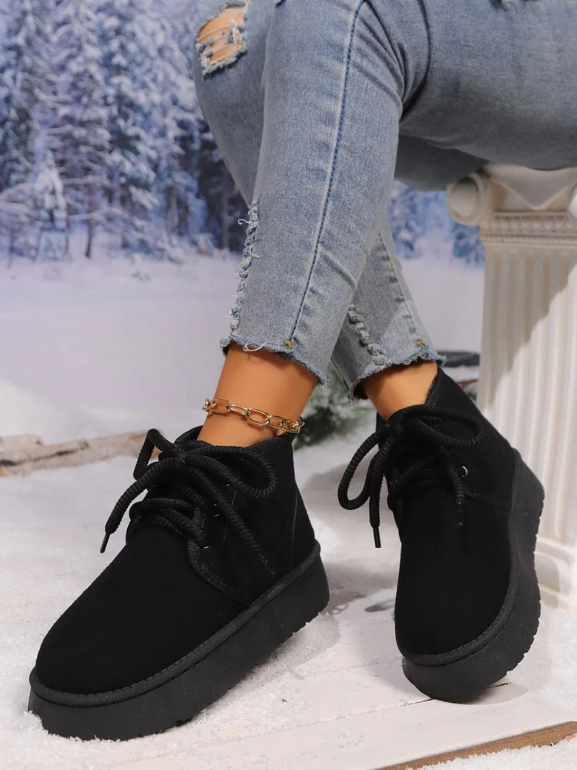 Abigail | Suede lace-up boots with a round neckline and platform sole - Image 5