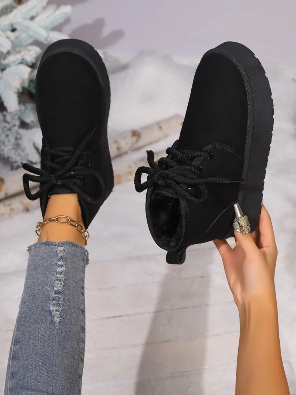 Abigail | Suede lace-up boots with a round neckline and platform sole - Image 9