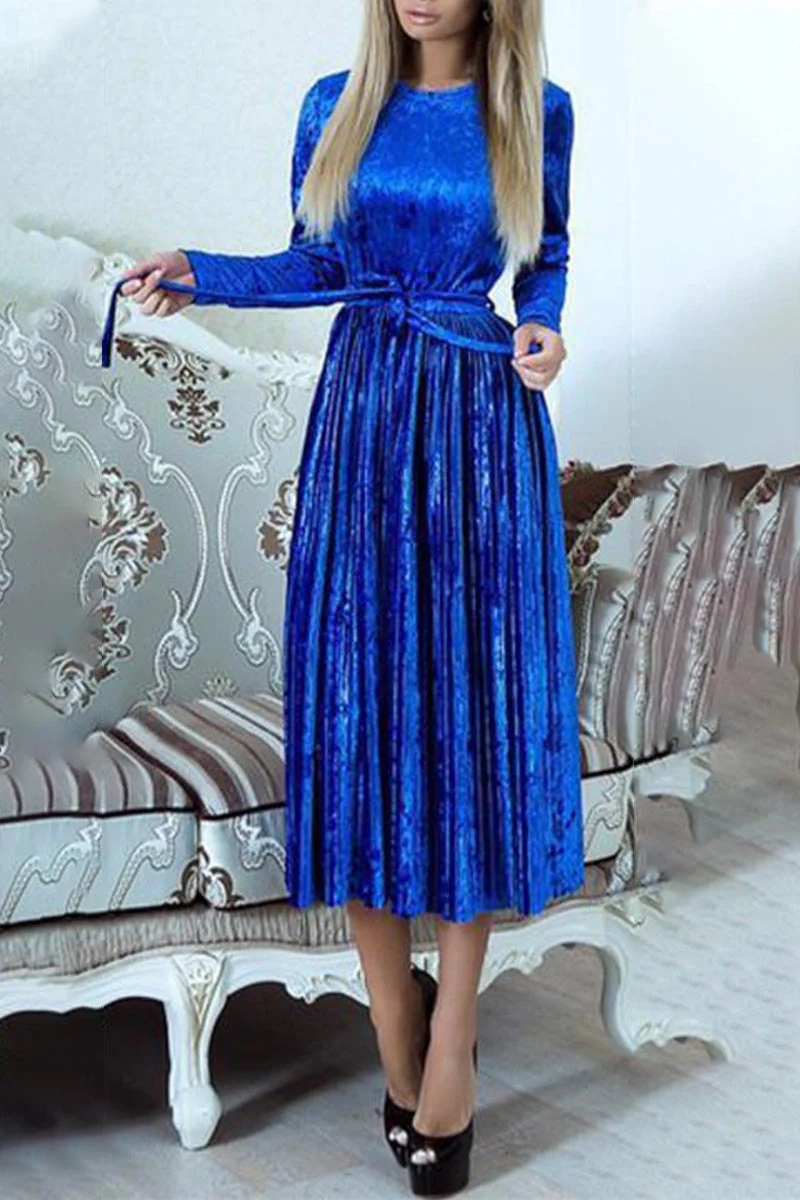 Adela | Solid color pleated dresses with frenulum O-neck - Image 4
