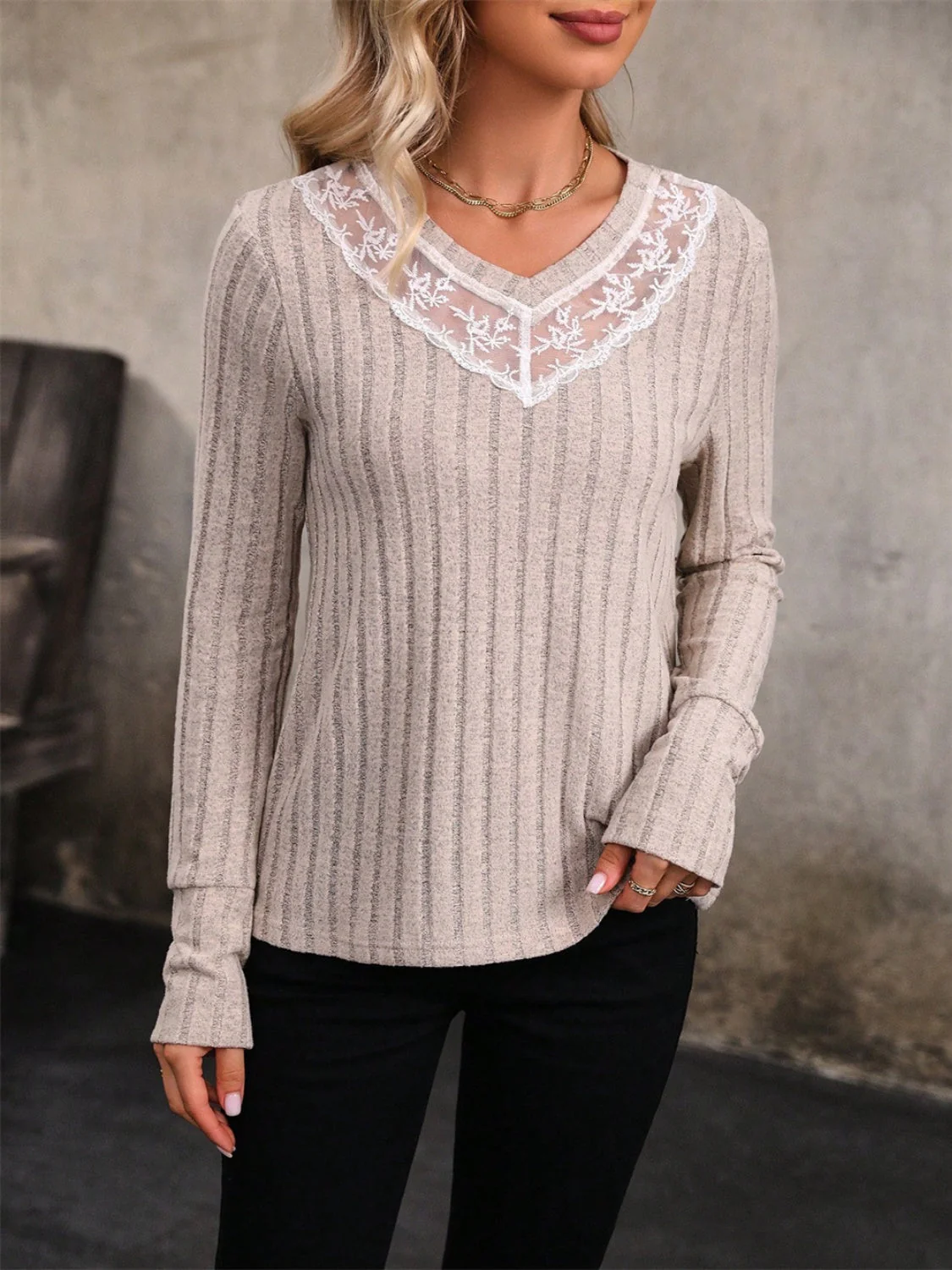 Adele | Long sleeve V-neck t-shirt with lace detail - Image 3