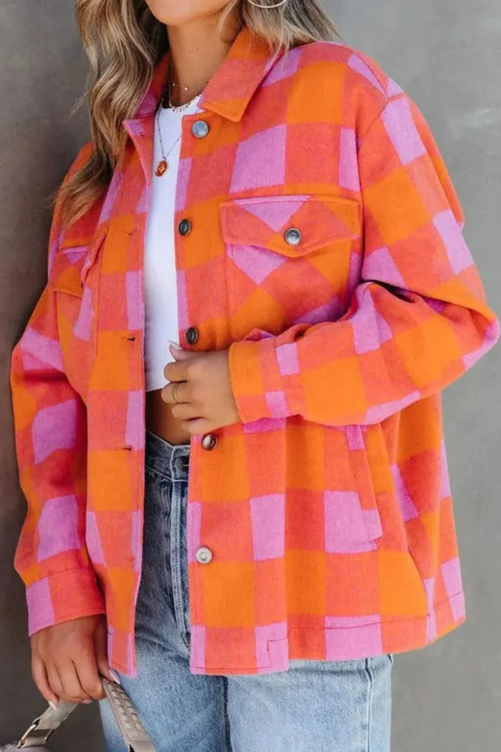 Adelina | Long sleeve jacket with a color block check pattern and buttons - Image 2