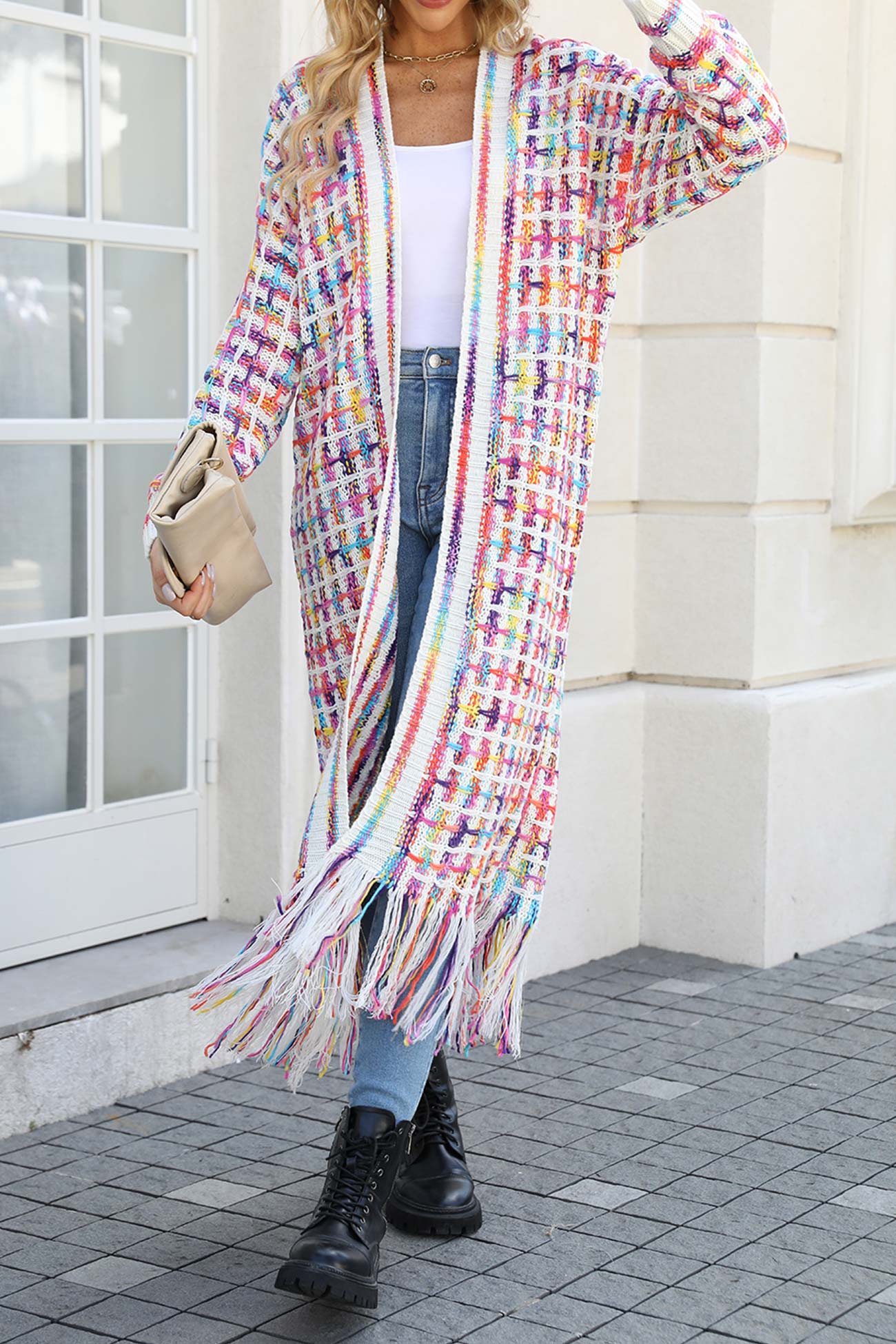 Adriana | Long cardigan with contrast fringed hem and open front