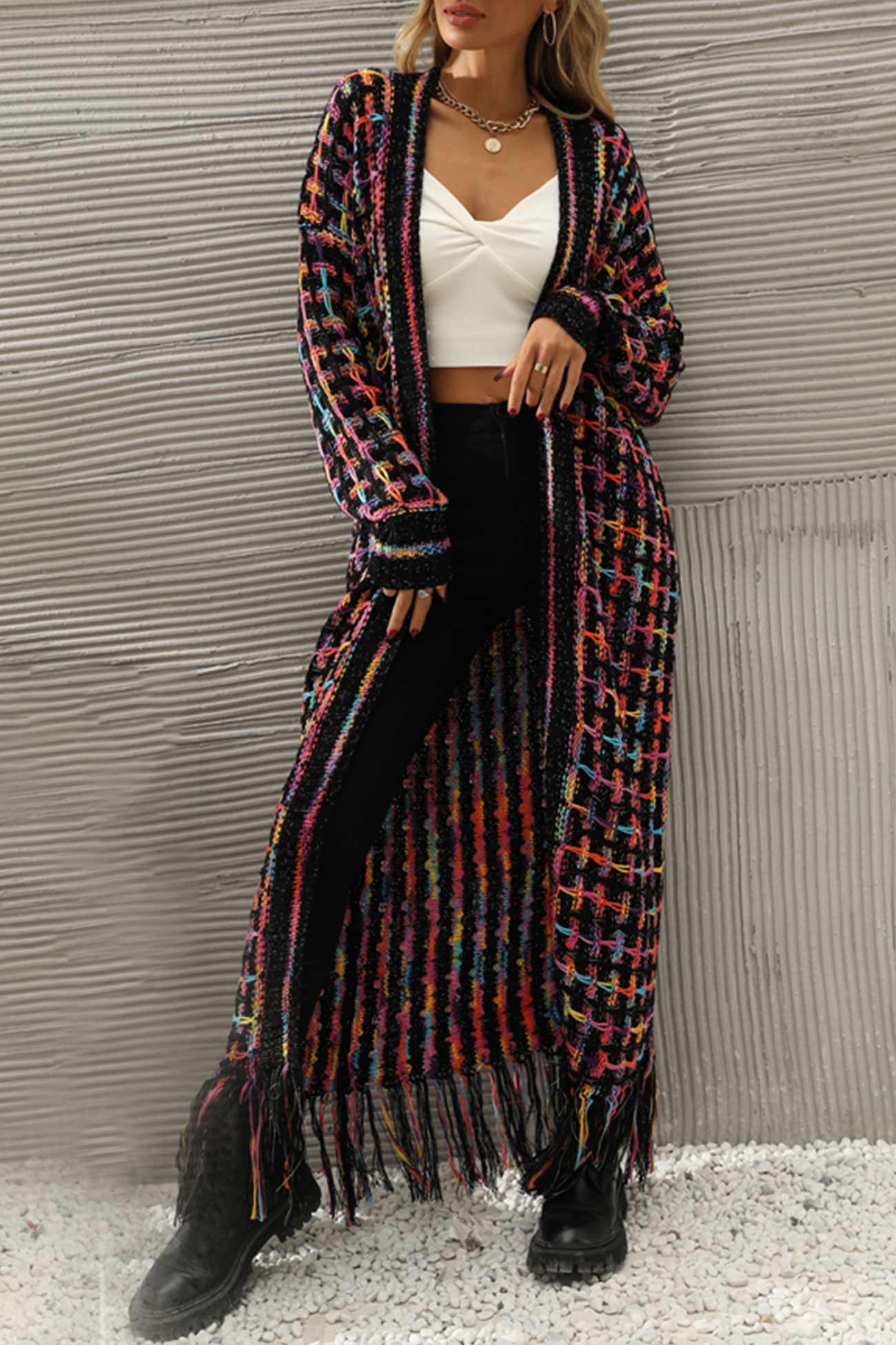 Adriana | Long cardigan with contrast fringed hem and open front - Image 11