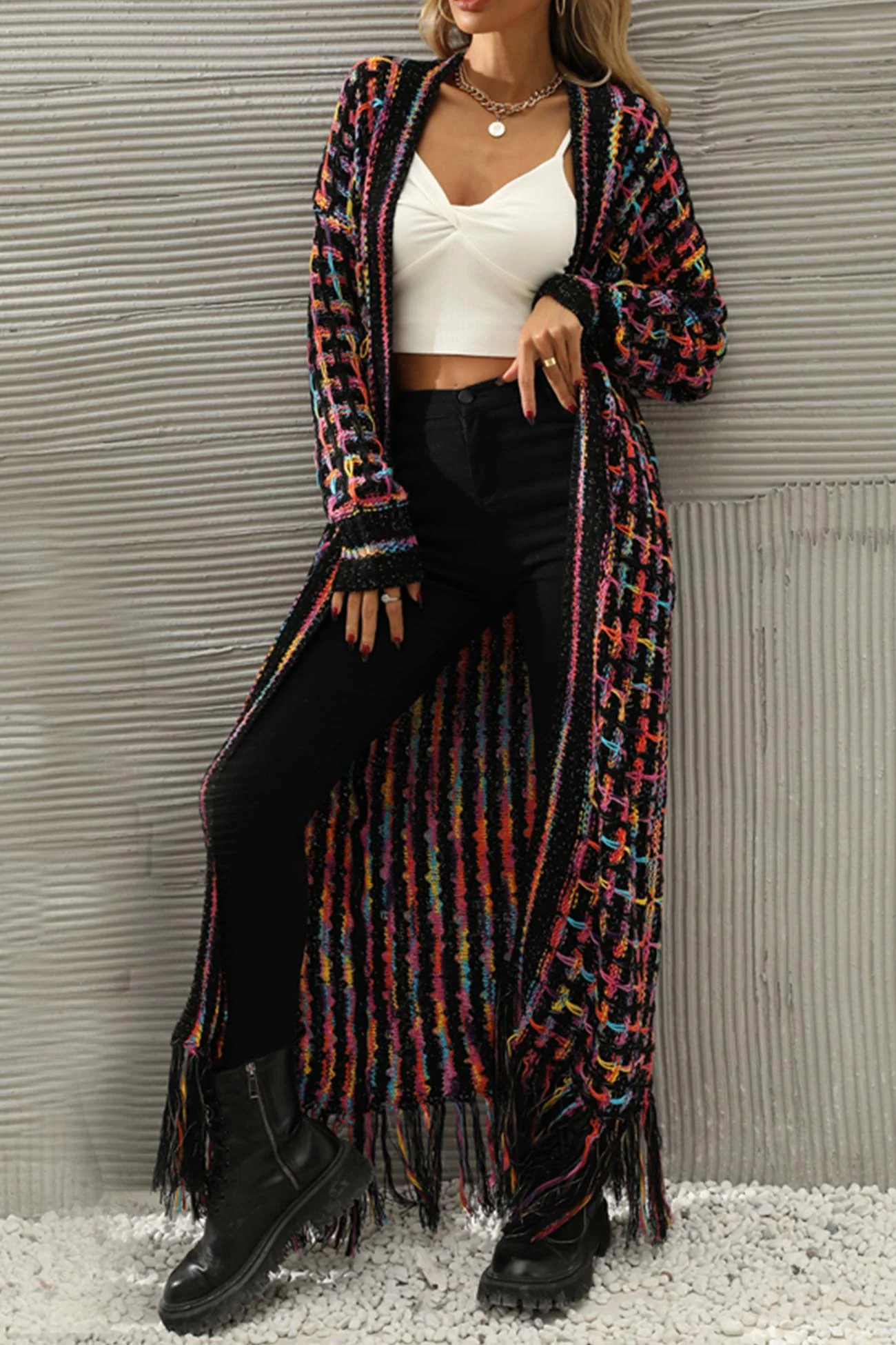 Adriana | Long cardigan with contrast fringed hem and open front - Image 12