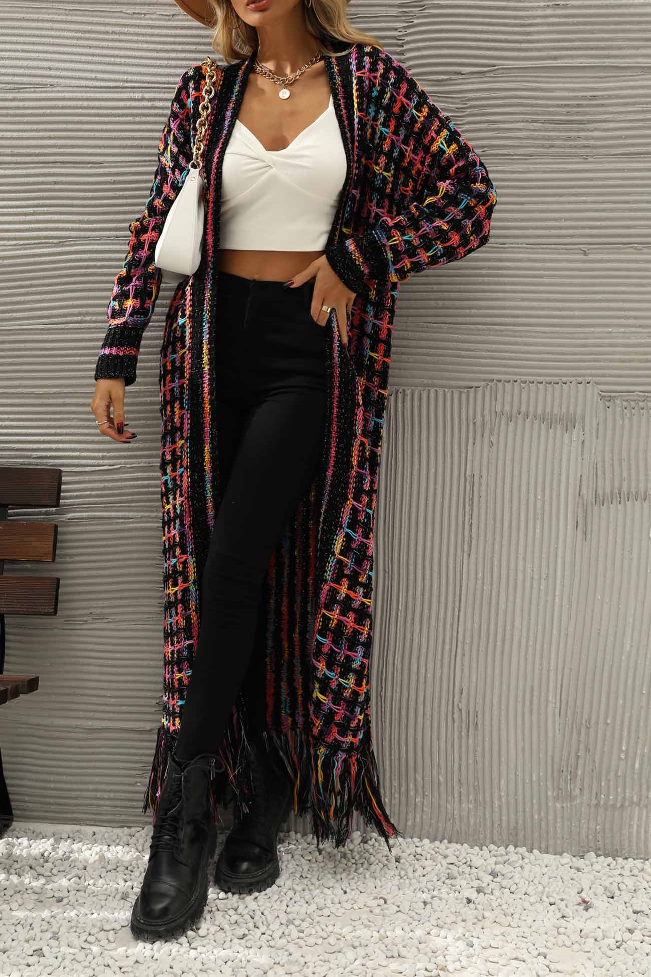 Adriana | Long cardigan with contrast fringed hem and open front - Image 13
