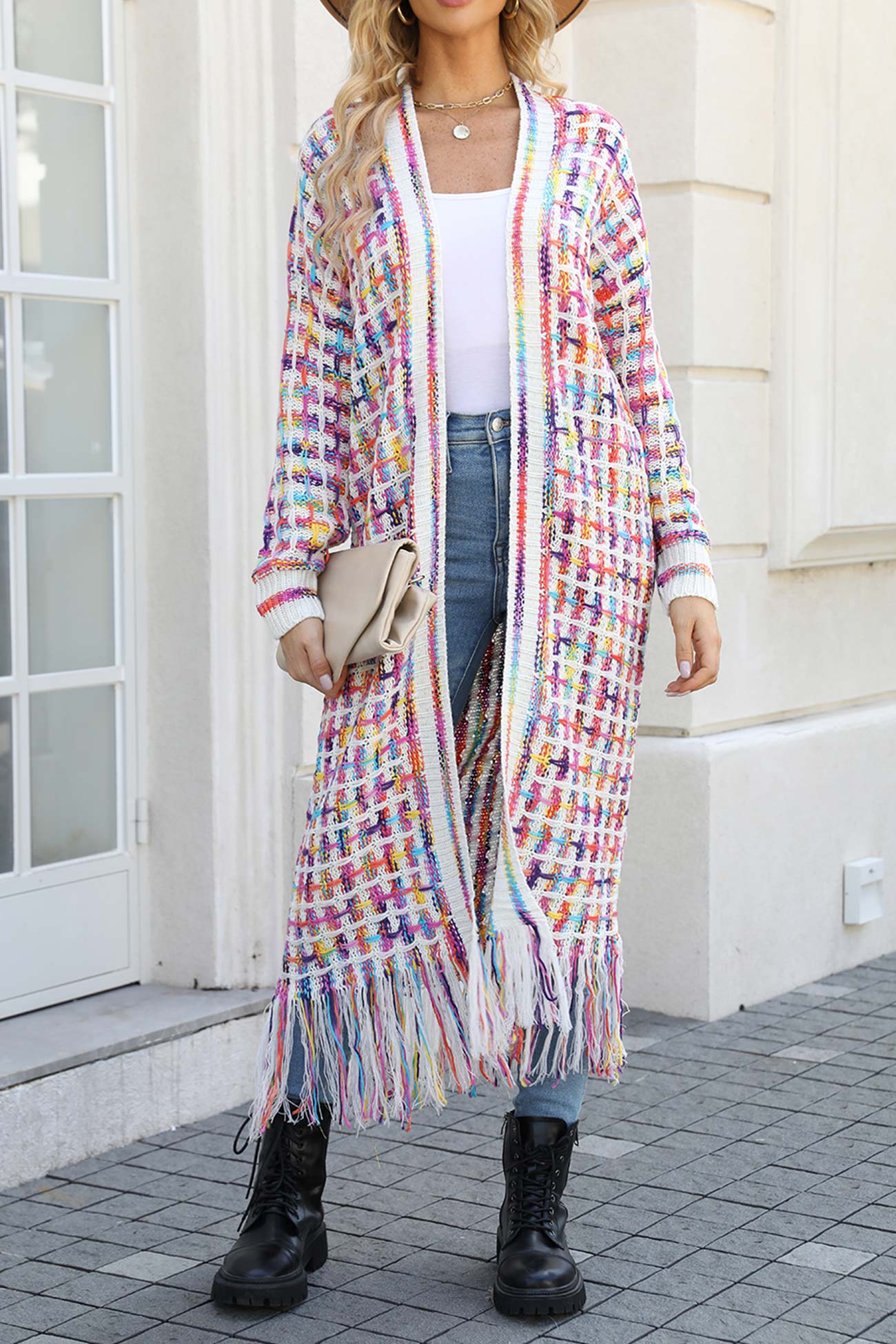 Adriana | Long cardigan with contrast fringed hem and open front - Image 2
