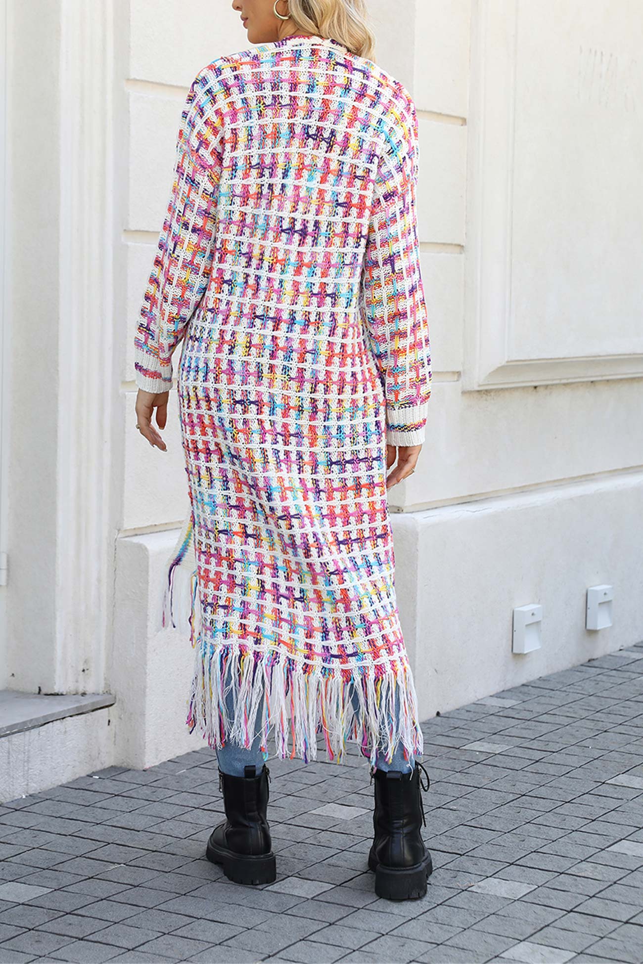 Adriana | Long cardigan with contrast fringed hem and open front - Image 5