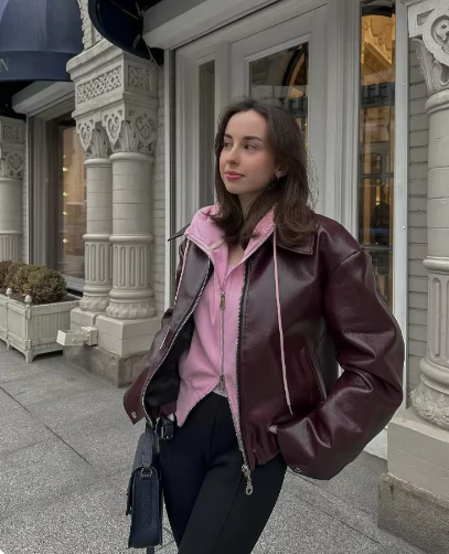 Adriana | Vintage solid leather jacket with lapel collar - Image 2
