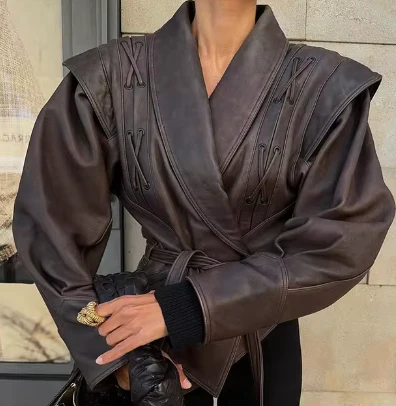 Adriana | Vintage solid leather jacket with lapel collar - Image 4