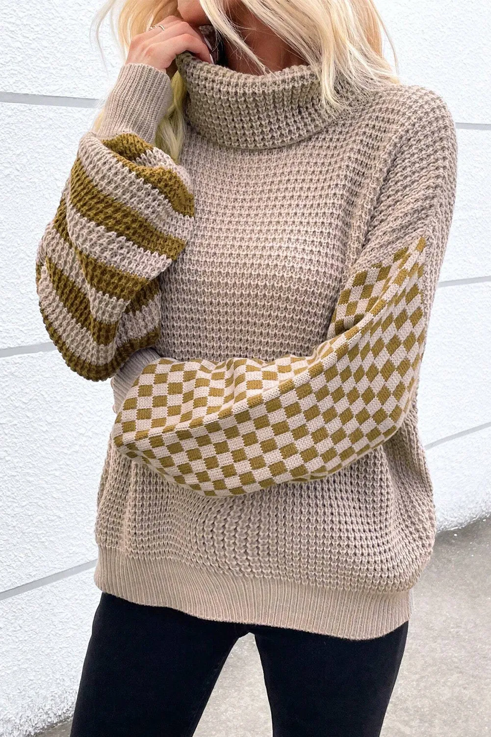 Agnieszka | Checked striped turtleneck sweater with long sleeves - Image 5