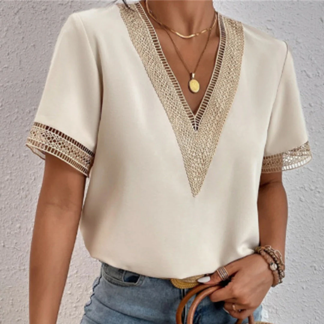 Ailen® | Women'S V-Neck Blouse With Gold Accents, Short Sleeves - Image 7