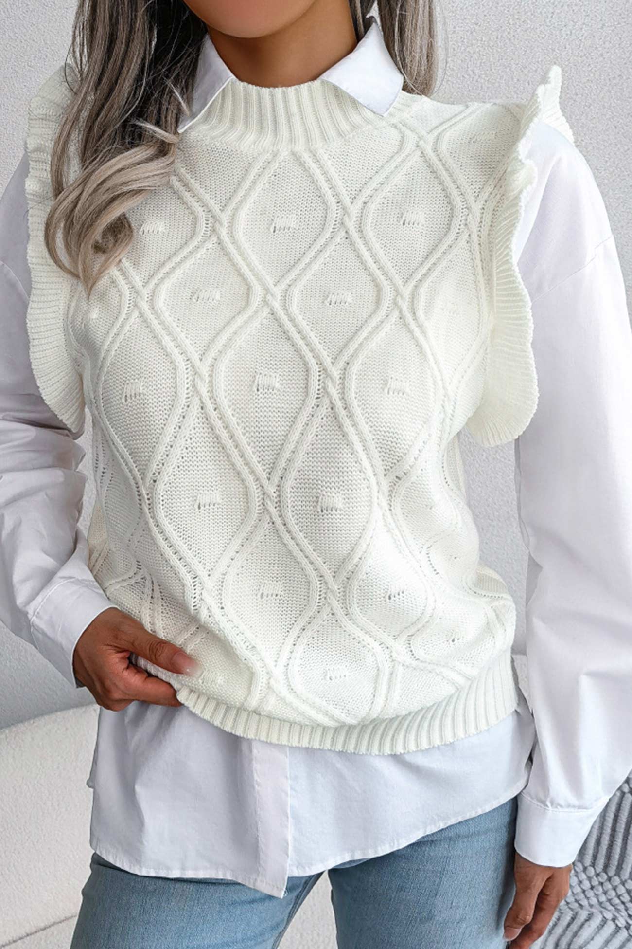 Aitana | Ruffle Argyle Knit Vest Sweater