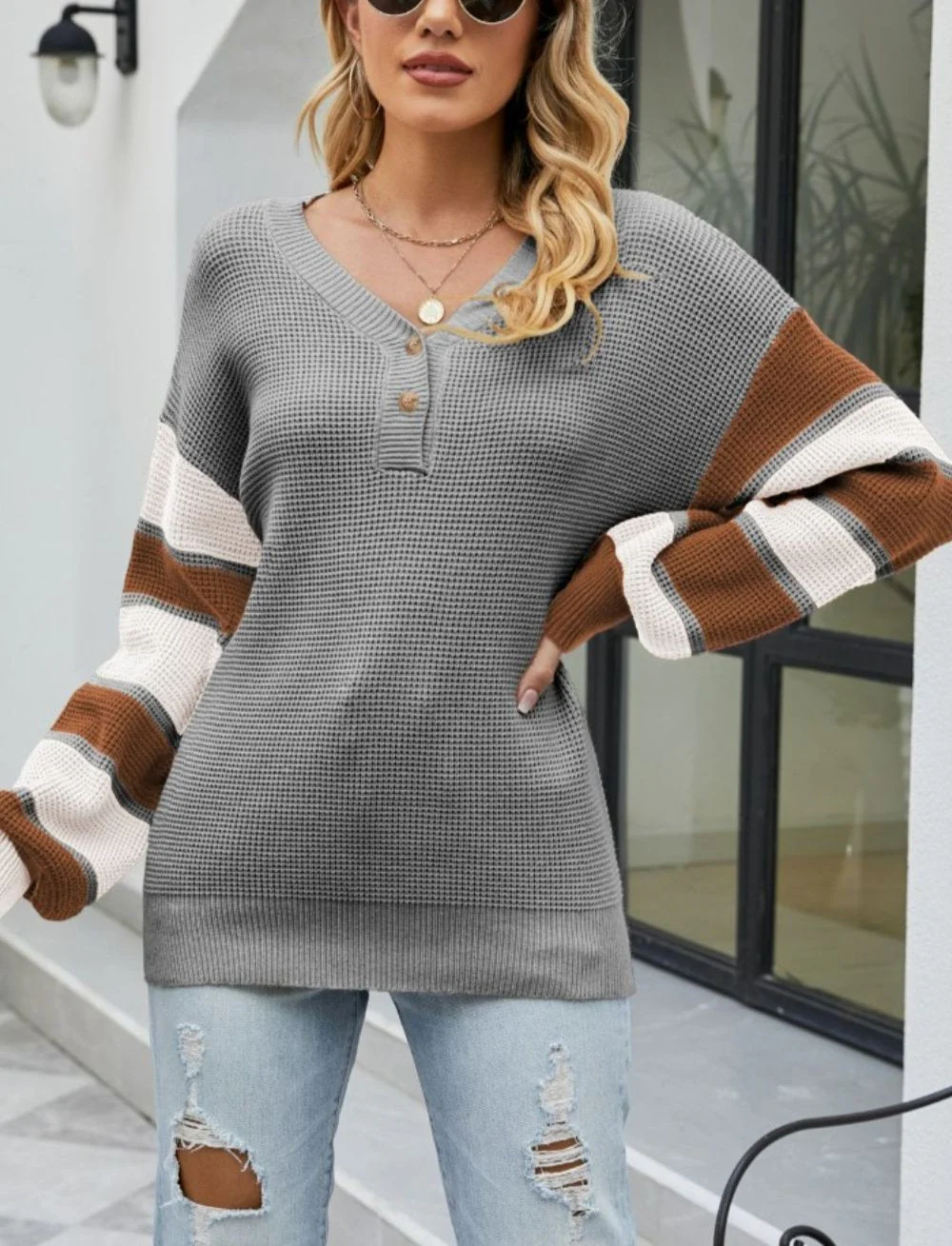 Alba | Women's color block button knit sweater - Image 5