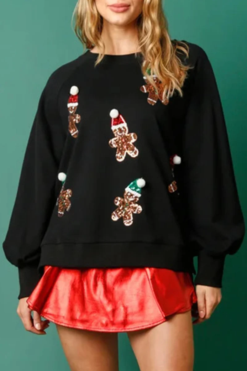 Alejandra | Casual Cute Santa Claus Sequin Patch O-Neck Tops - Image 3