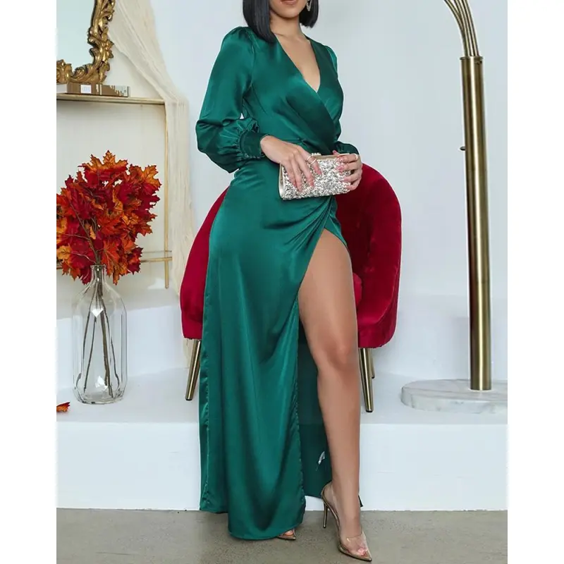 Alejandra® | Dark Green Satin Midi Dress - Image 4