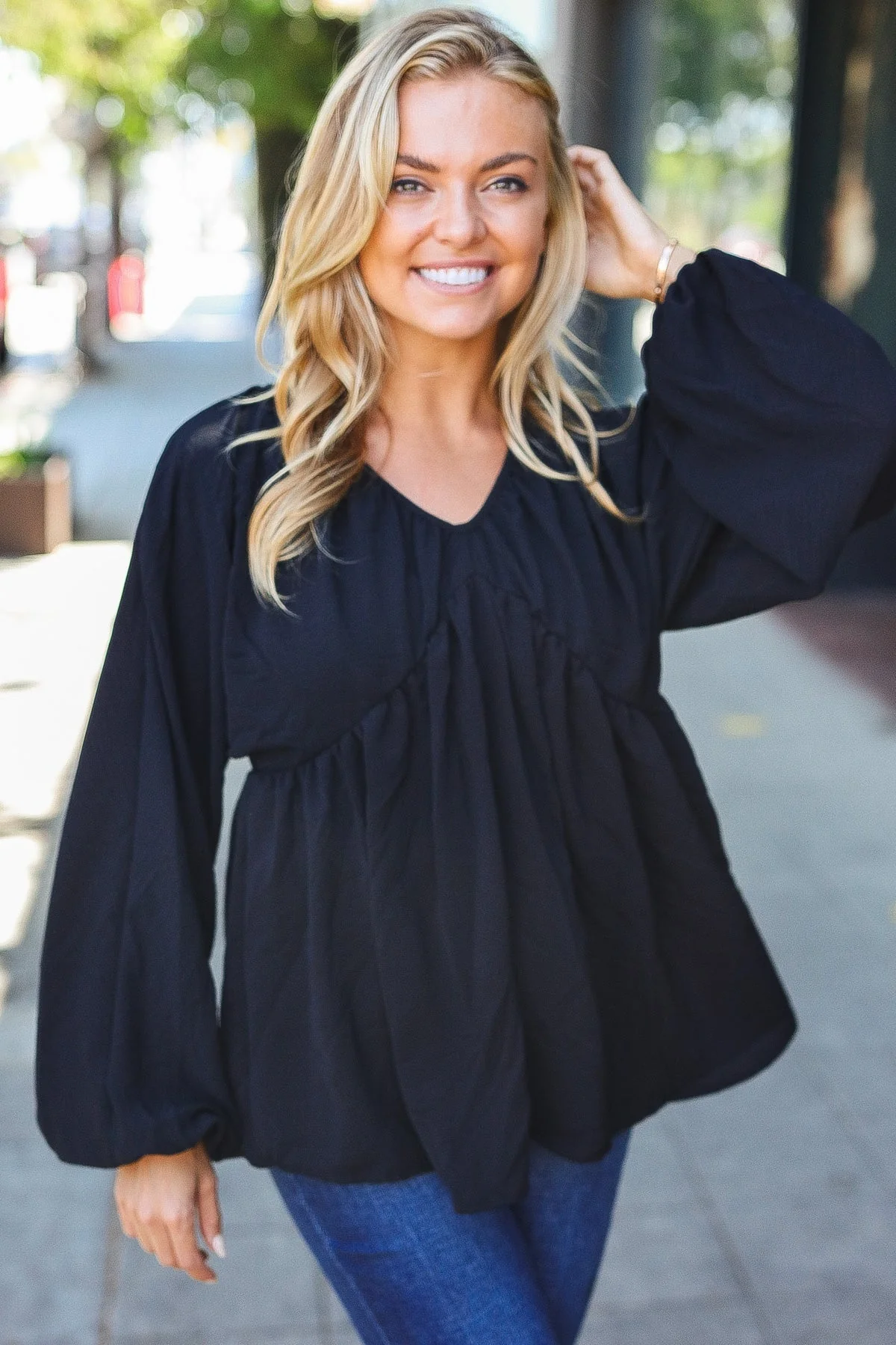 Alessa | Black plain woven V-neck babydoll top - Image 2