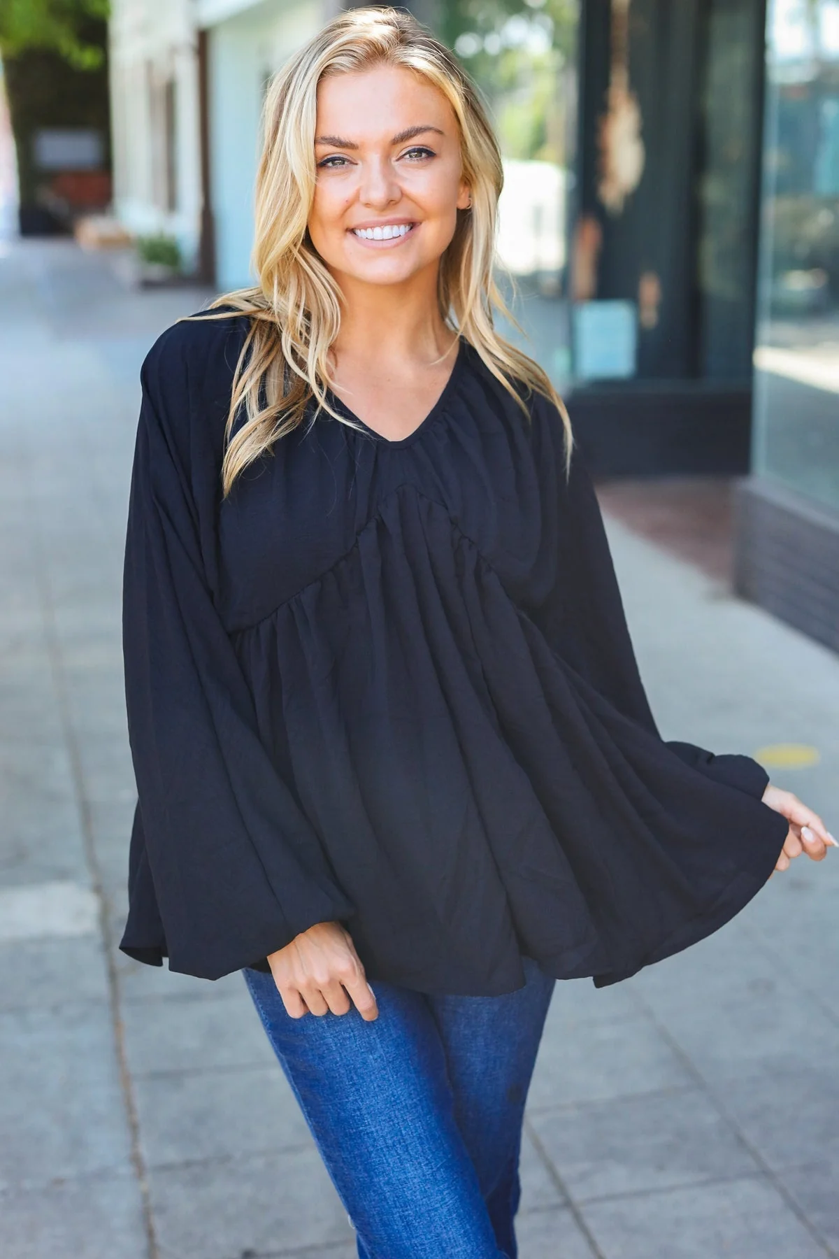 Alessa | Black plain woven V-neck babydoll top - Image 4