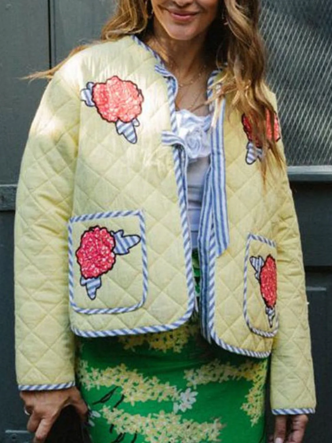 Alicia | Long sleeve winter coat with embroidered floral tie - Image 3