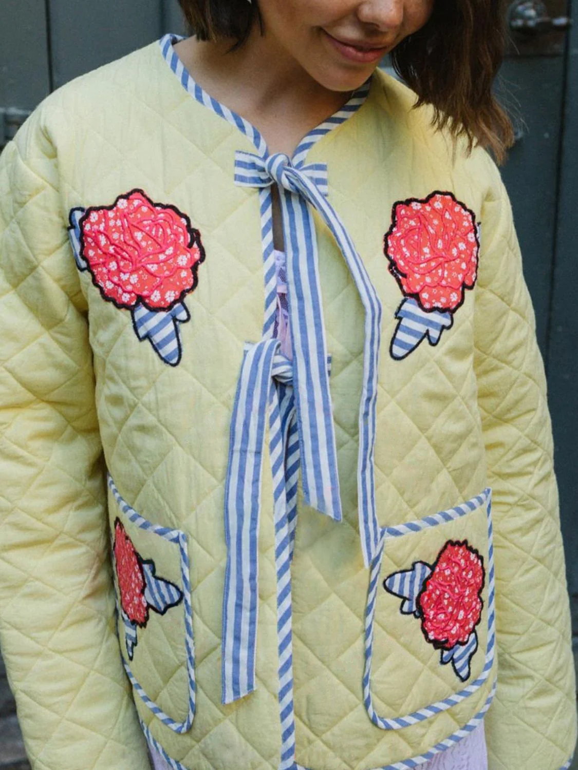 Alicia | Long sleeve winter coat with embroidered floral tie - Image 4