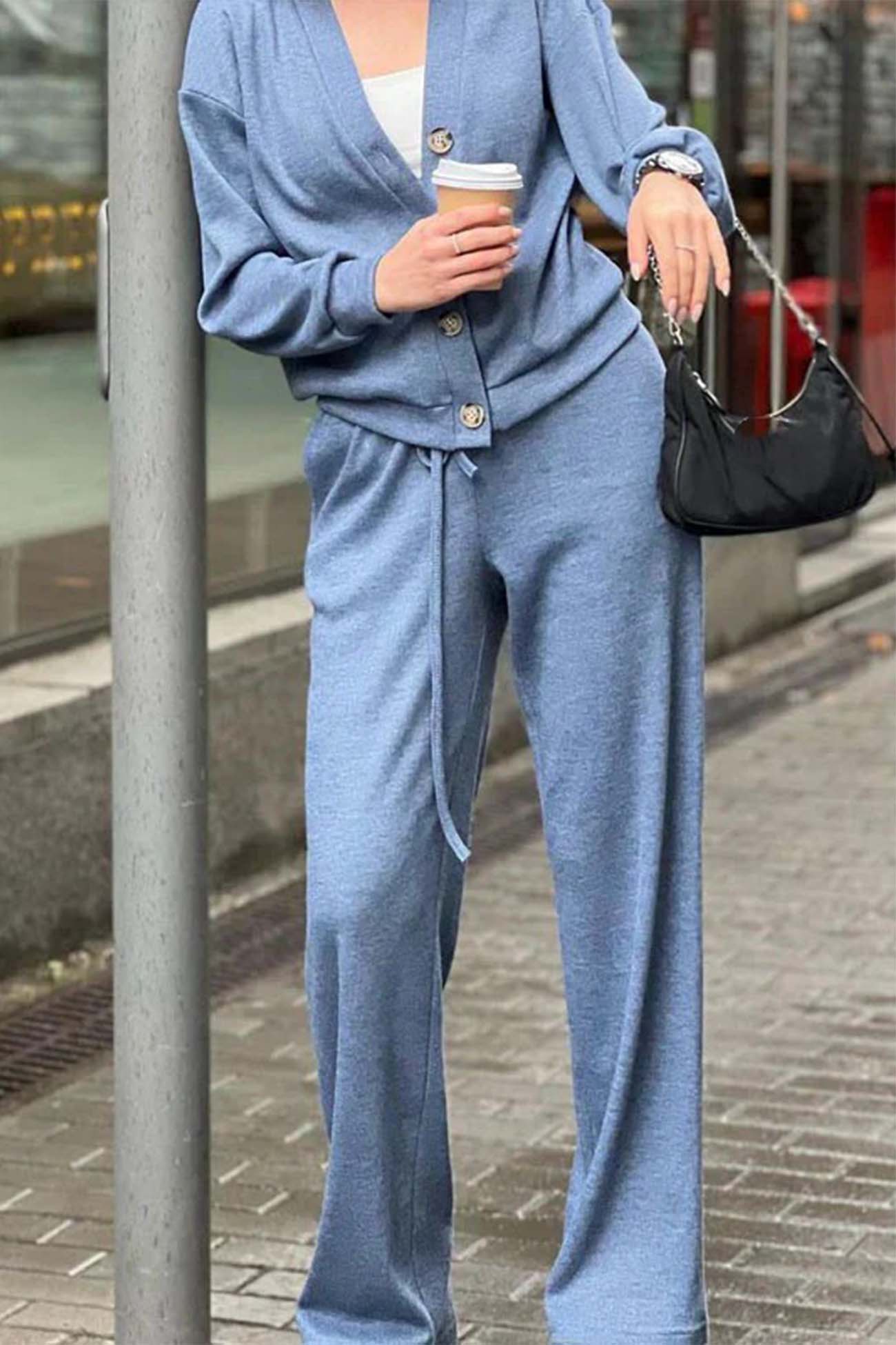 Alicia | Solid color cardigan set with long pants and buttons