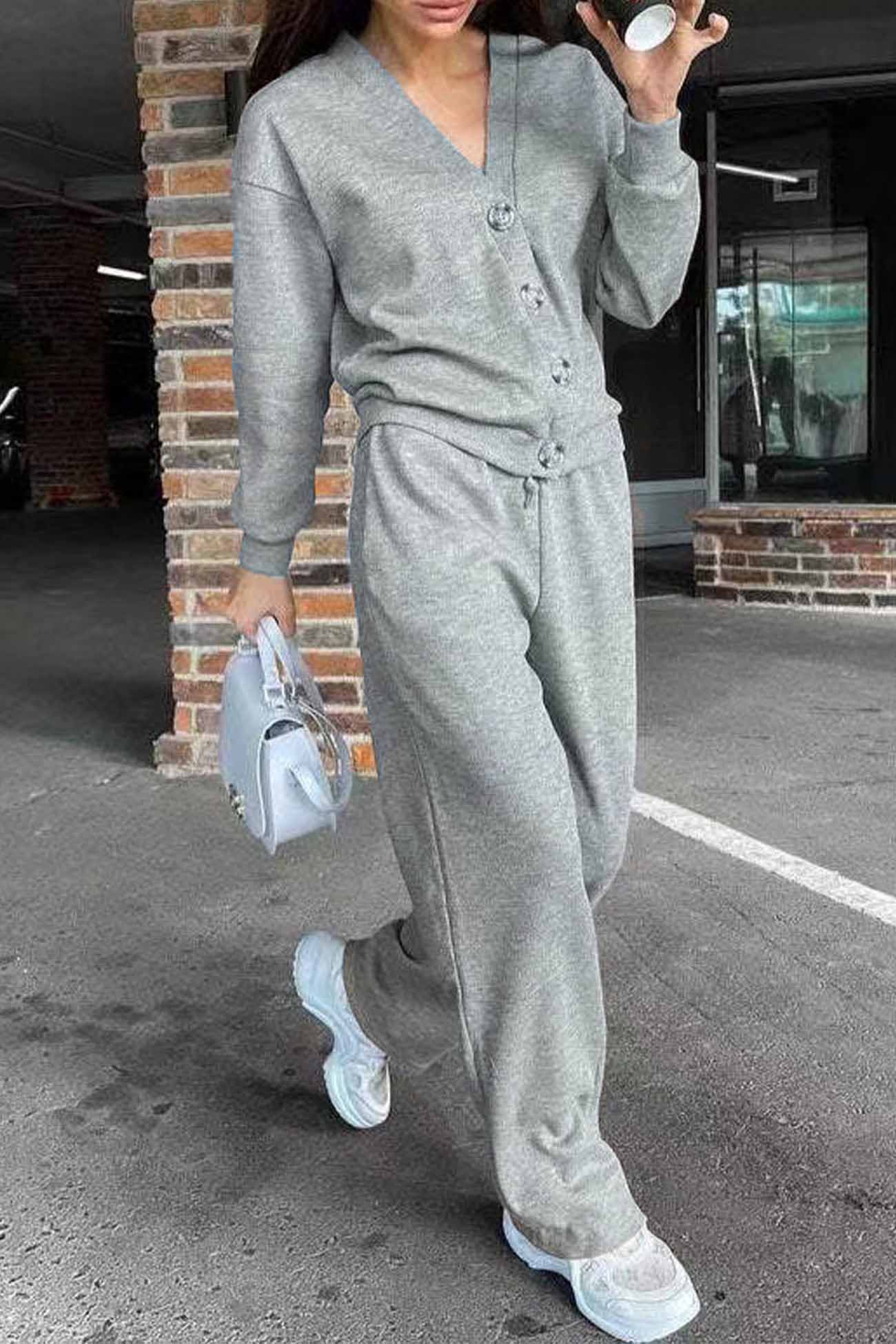 Alicia | Solid color cardigan set with long pants and buttons - Image 12