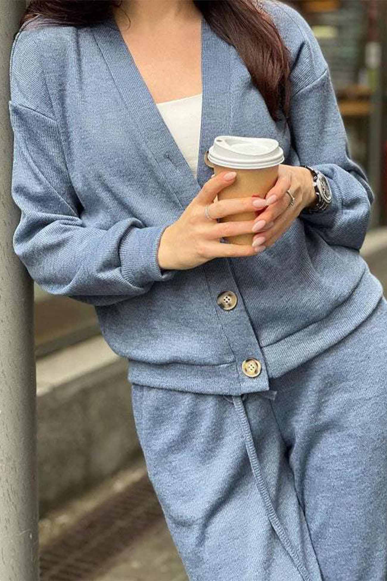 Alicia | Solid color cardigan set with long pants and buttons - Image 2