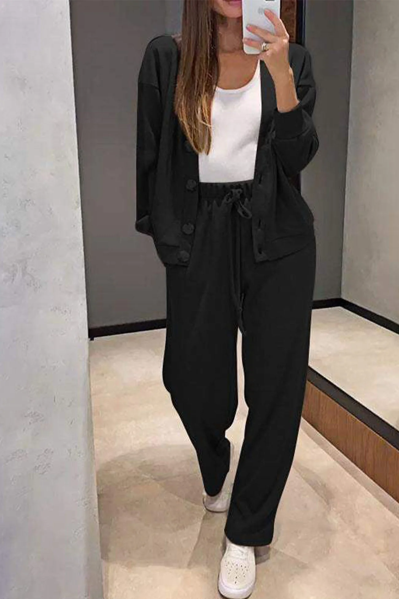 Alicia | Solid color cardigan set with long pants and buttons - Image 7