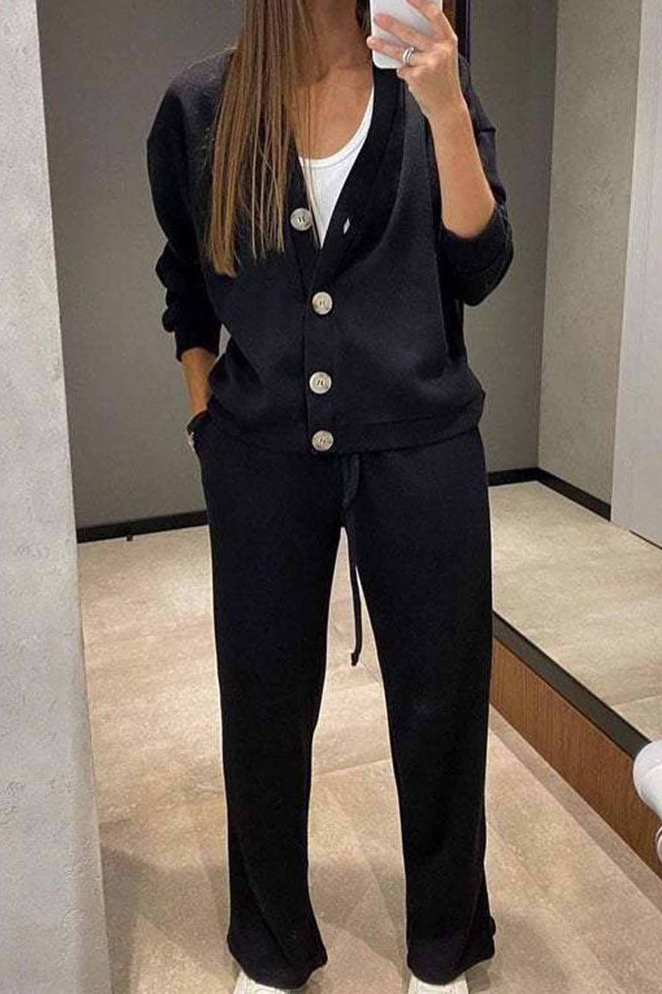 Alicia | Solid color cardigan set with long pants and buttons - Image 8