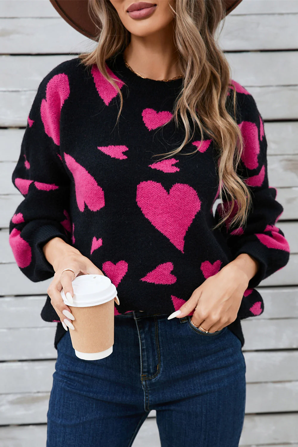 Alida | Heart contrast crew neck long sleeve sweater - Image 2