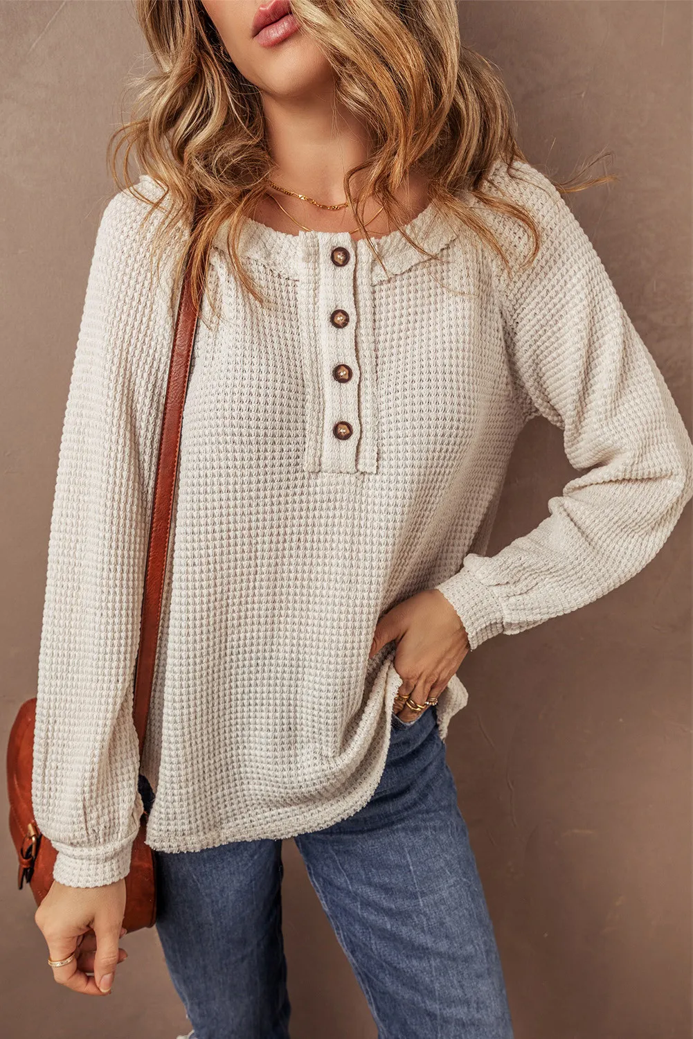 Alina | Half button waffle knit crew neck top - Image 3