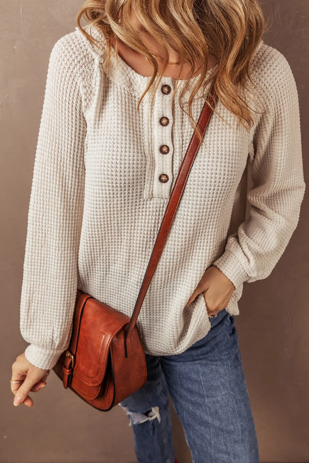 Alina | Half button waffle knit crew neck top - Image 5