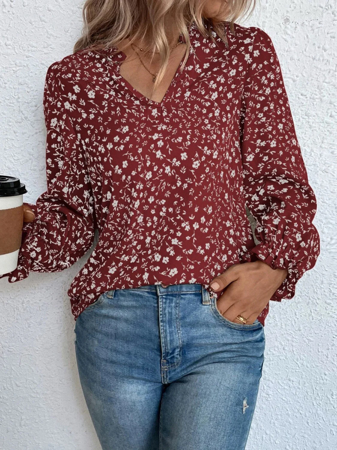 Allison® | Elegant Long-Sleeved Floral Blouse With Ruffle And Notch Collar - Image 4
