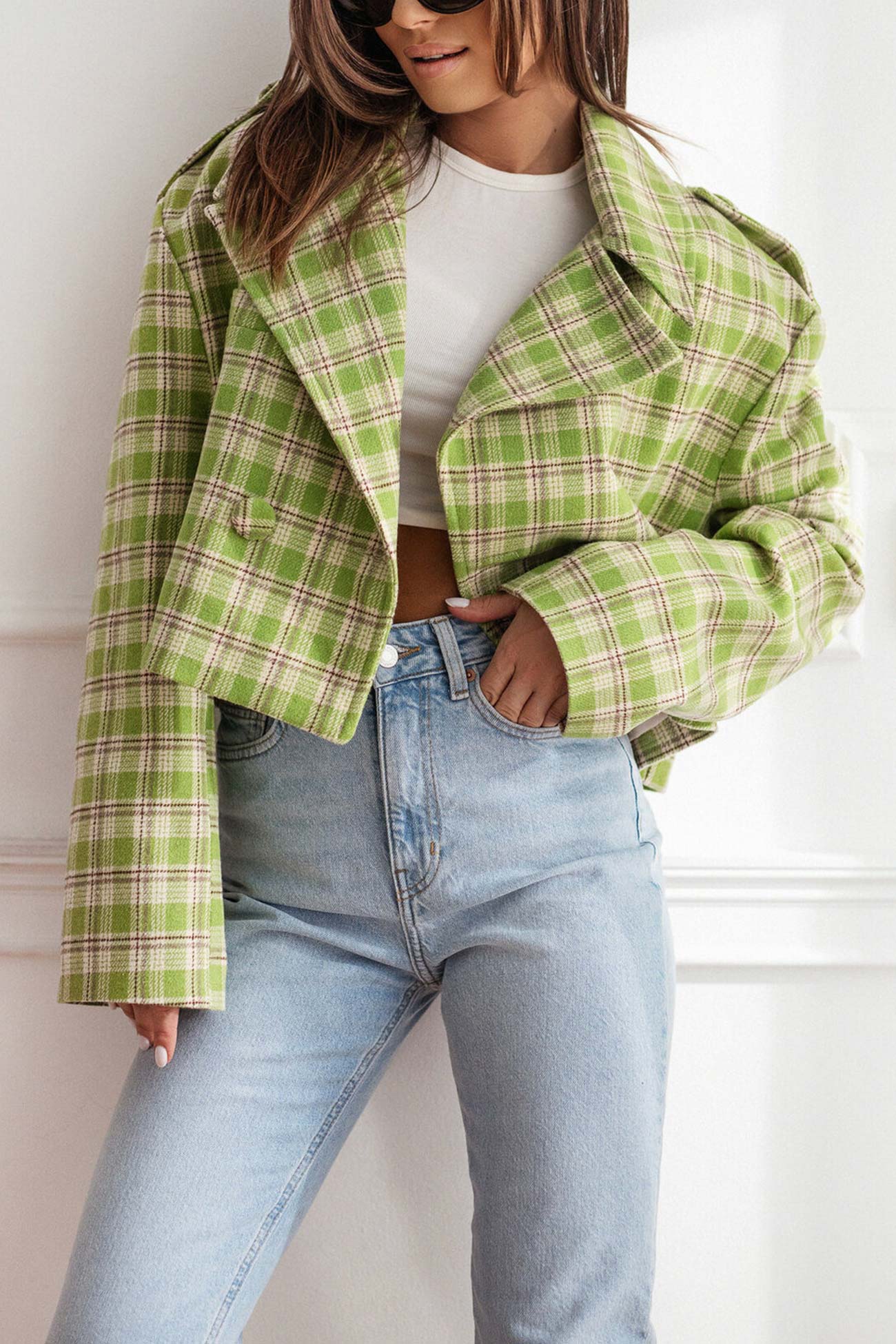 Alma | Checked crop blazer with button placket - Image 4