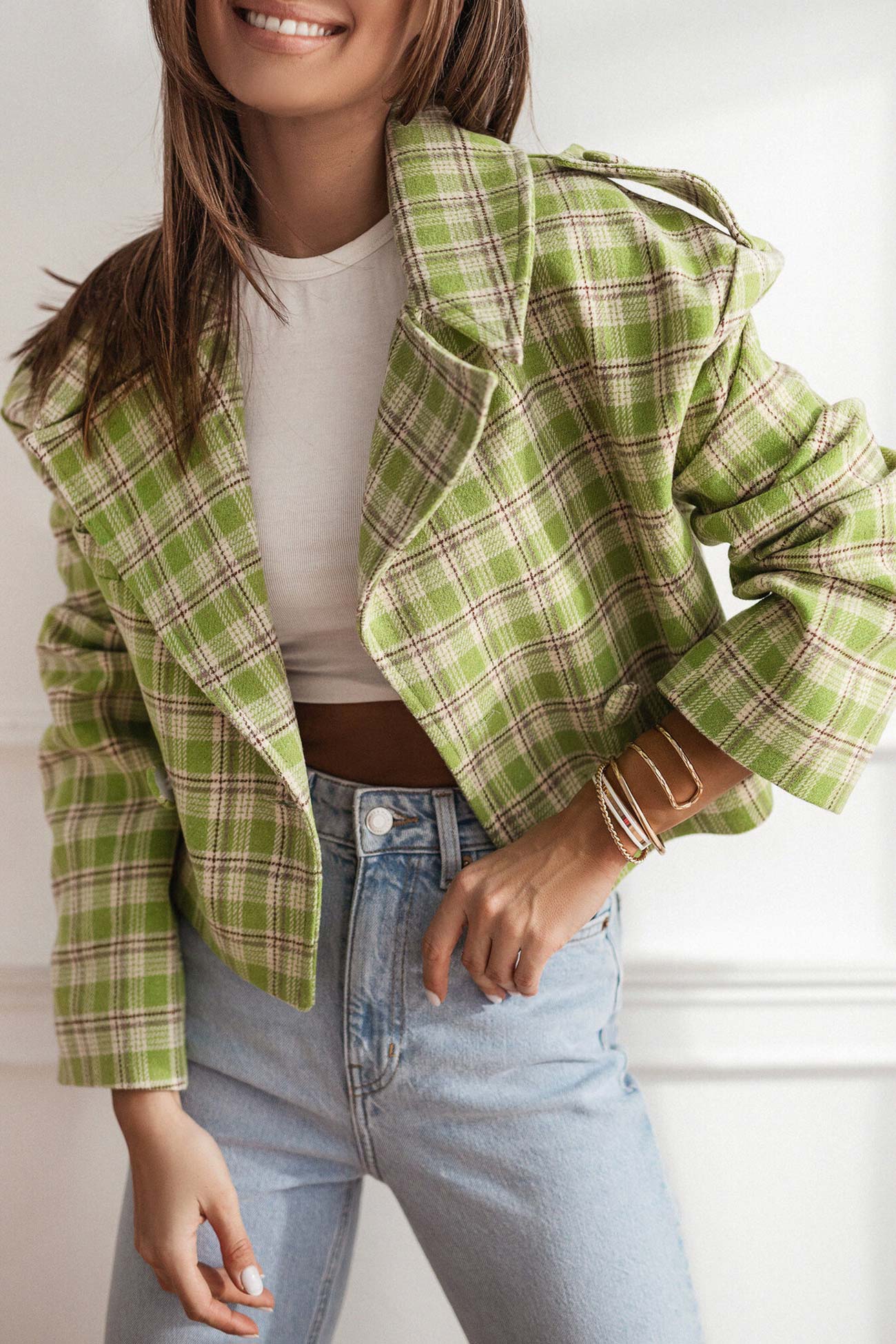 Alma | Checked crop blazer with button placket - Image 5