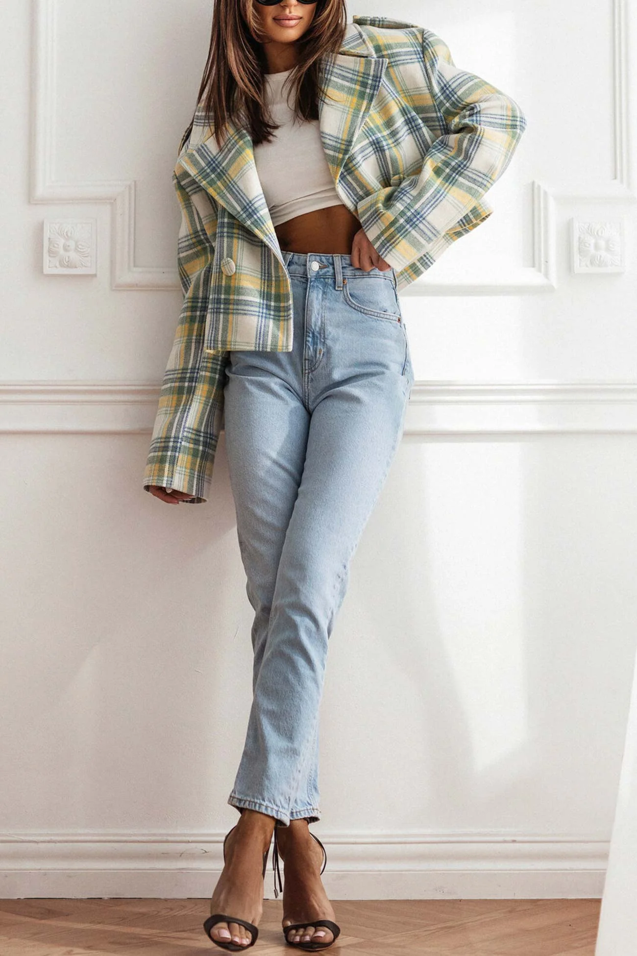 Alma | Checked crop blazer with button placket - Image 9