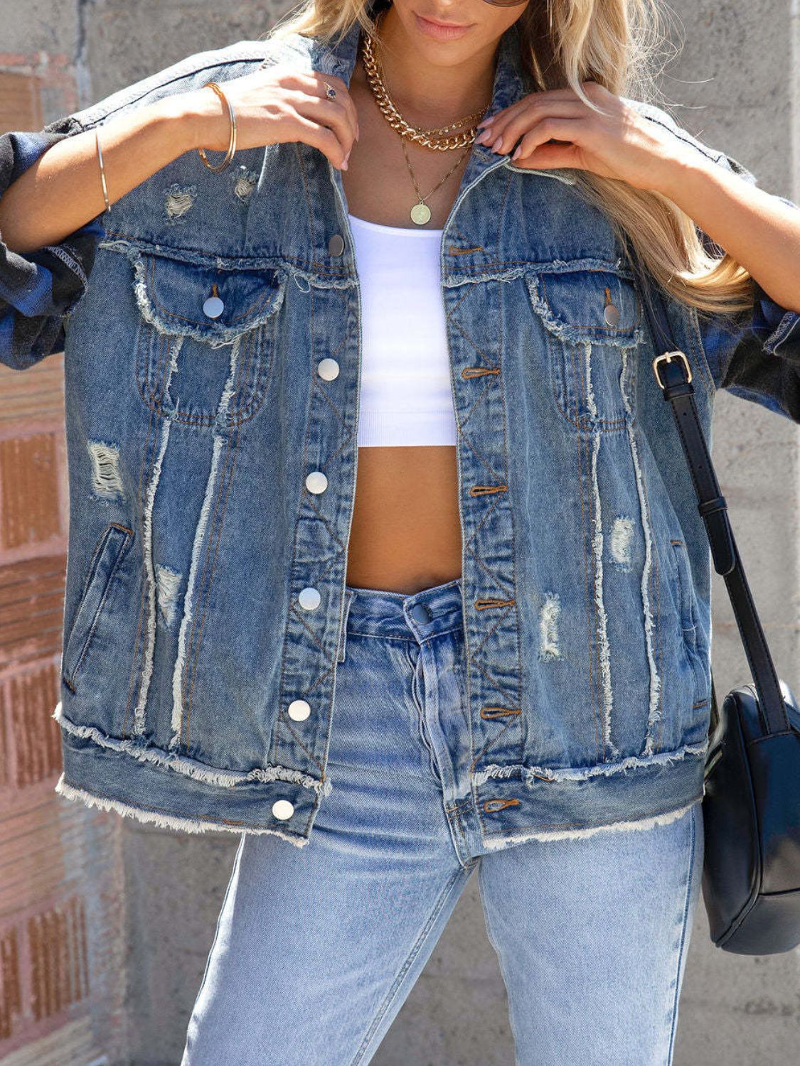 Alma | Denim jacket with raw hem and checked sleeves - Image 3