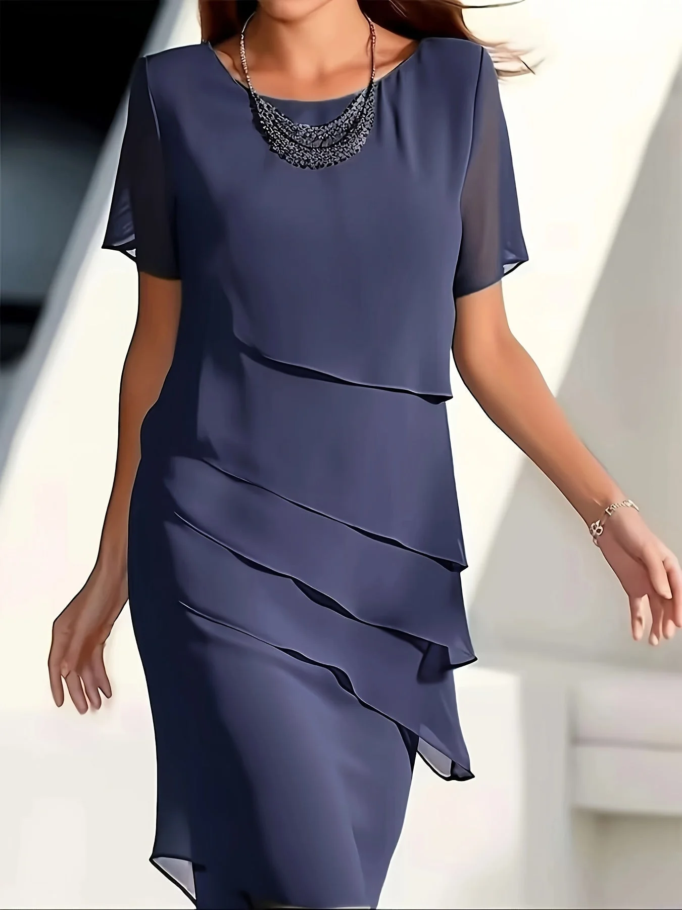 Amadis® | Cotton Layered Trim Round Neck Short Sleeve Evening Dress For Women - Image 7