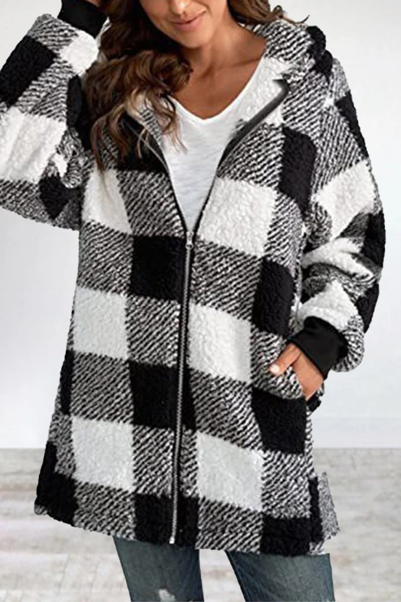 Amalia | Casual outerwear with checked frenulum contrast zipper and hooded collar