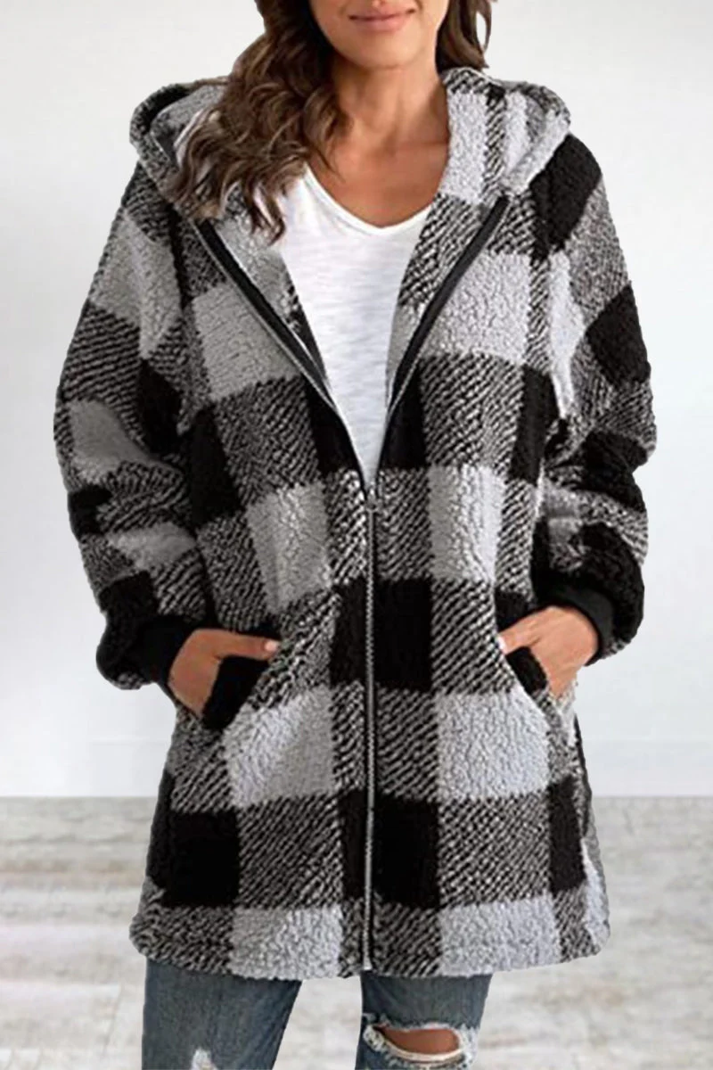 Amalia | Casual outerwear with checked frenulum contrast zipper and hooded collar - Image 2