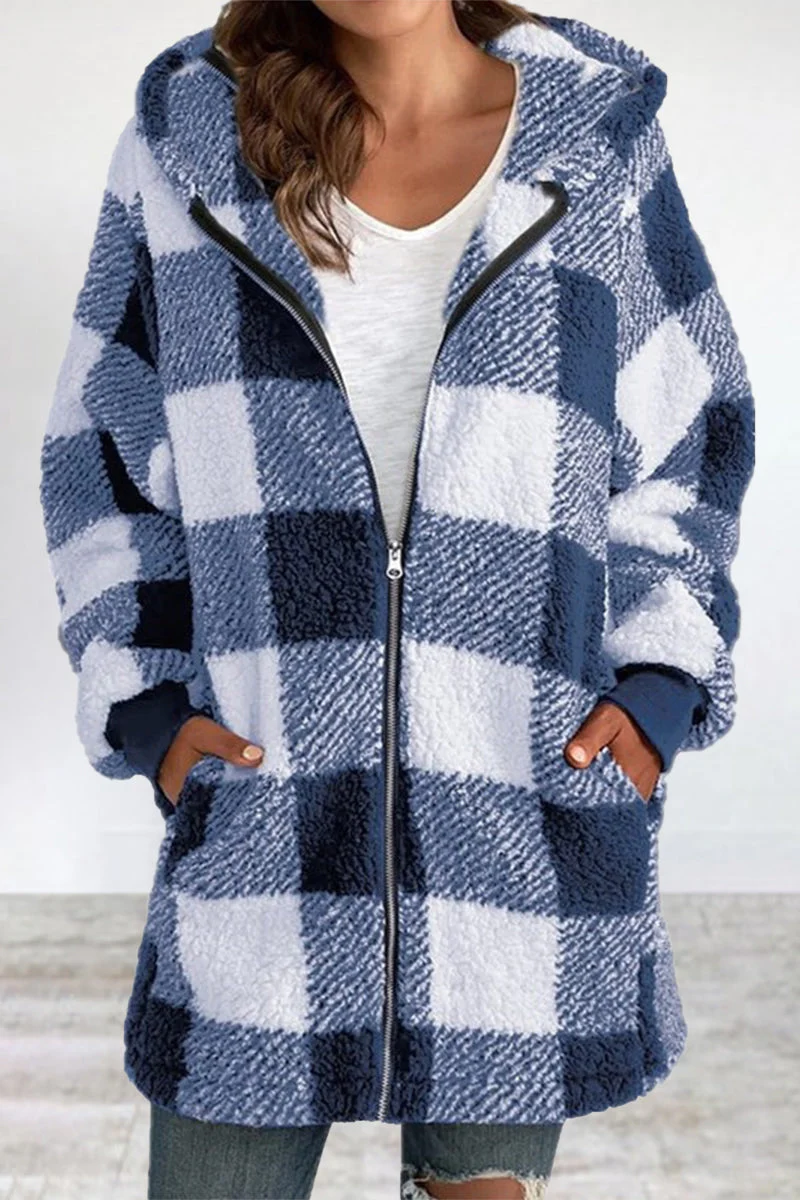 Amalia | Casual outerwear with checked frenulum contrast zipper and hooded collar - Image 7