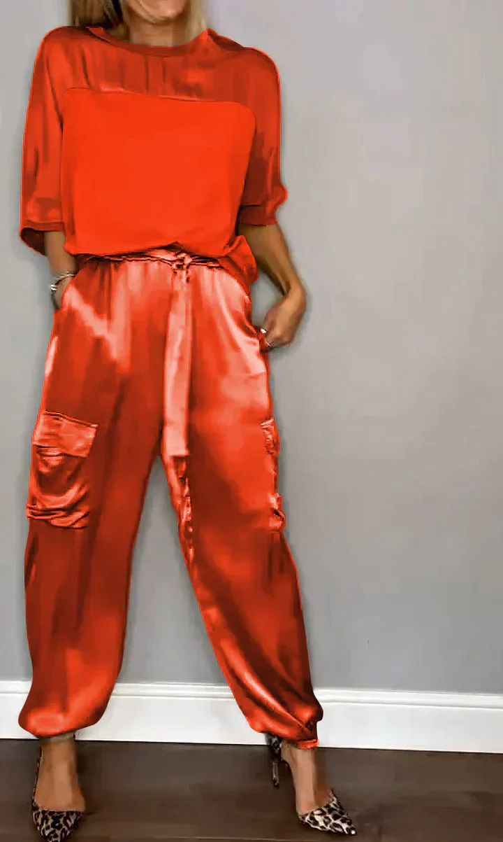 Amalia® | Women'S Two-Piece Plain Satin Top And Midi Pants Suit - Image 2