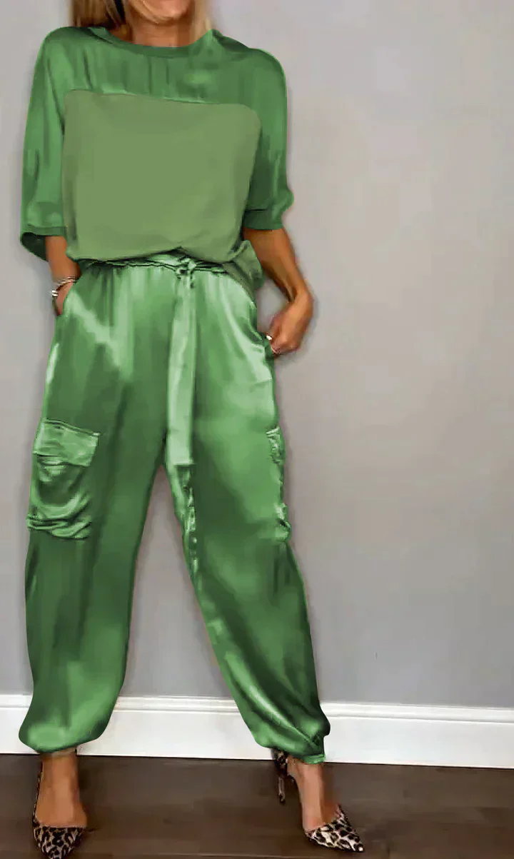 Amalia® | Women'S Two-Piece Plain Satin Top And Midi Pants Suit - Image 3