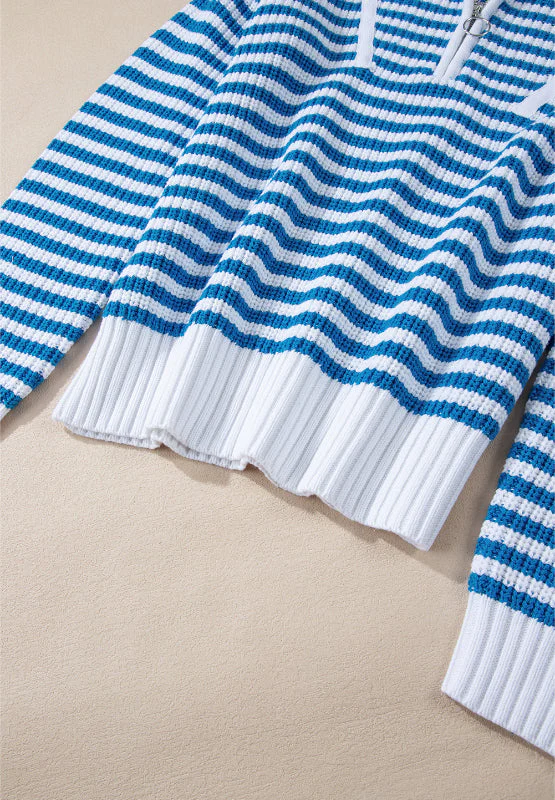 Amelia | Striped long sleeve sweater with half zip and stand-up collar - Image 10