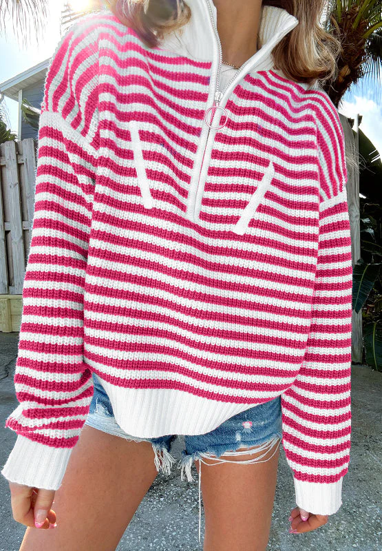Amelia | Striped long sleeve sweater with half zip and stand-up collar - Image 11