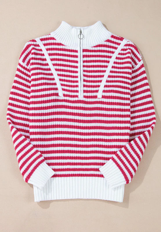 Amelia | Striped long sleeve sweater with half zip and stand-up collar - Image 12