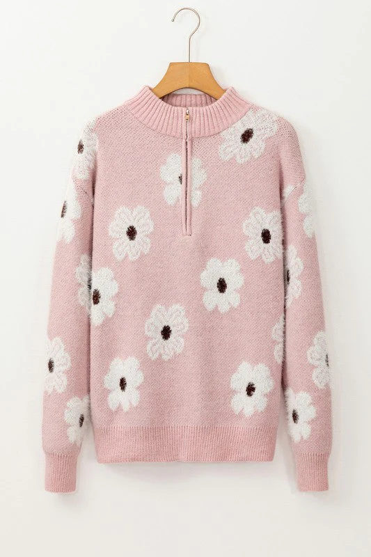 Amelia | Vintage 60s floral pattern sweater with half zip collar - Image 17